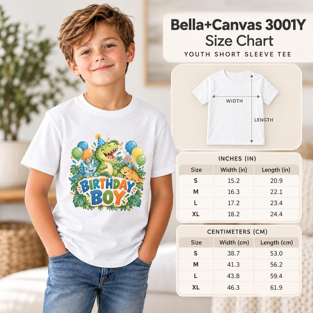 Bella+Canvas 3001Y youth T-shirt size chart displayed beside a boy wearing a white Dinosaur Birthday Boy graphic tee, showing garment measurements and sizing information.