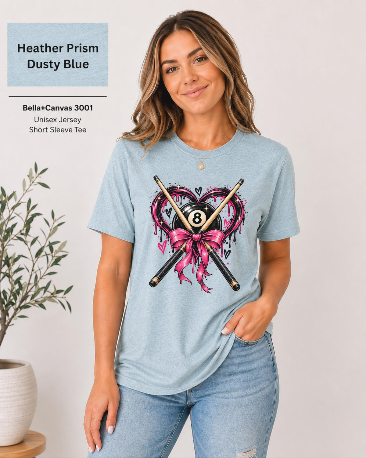 Heather Prism Dusty Blue Bella+Canvas 3001 T-shirt featuring a pink and black 8 ball heart design with crossed pool cues and bow artwork.