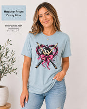 Heather Prism Dusty Blue Bella+Canvas 3001 T-shirt featuring a pink and black 8 ball heart design with crossed pool cues and bow artwork.