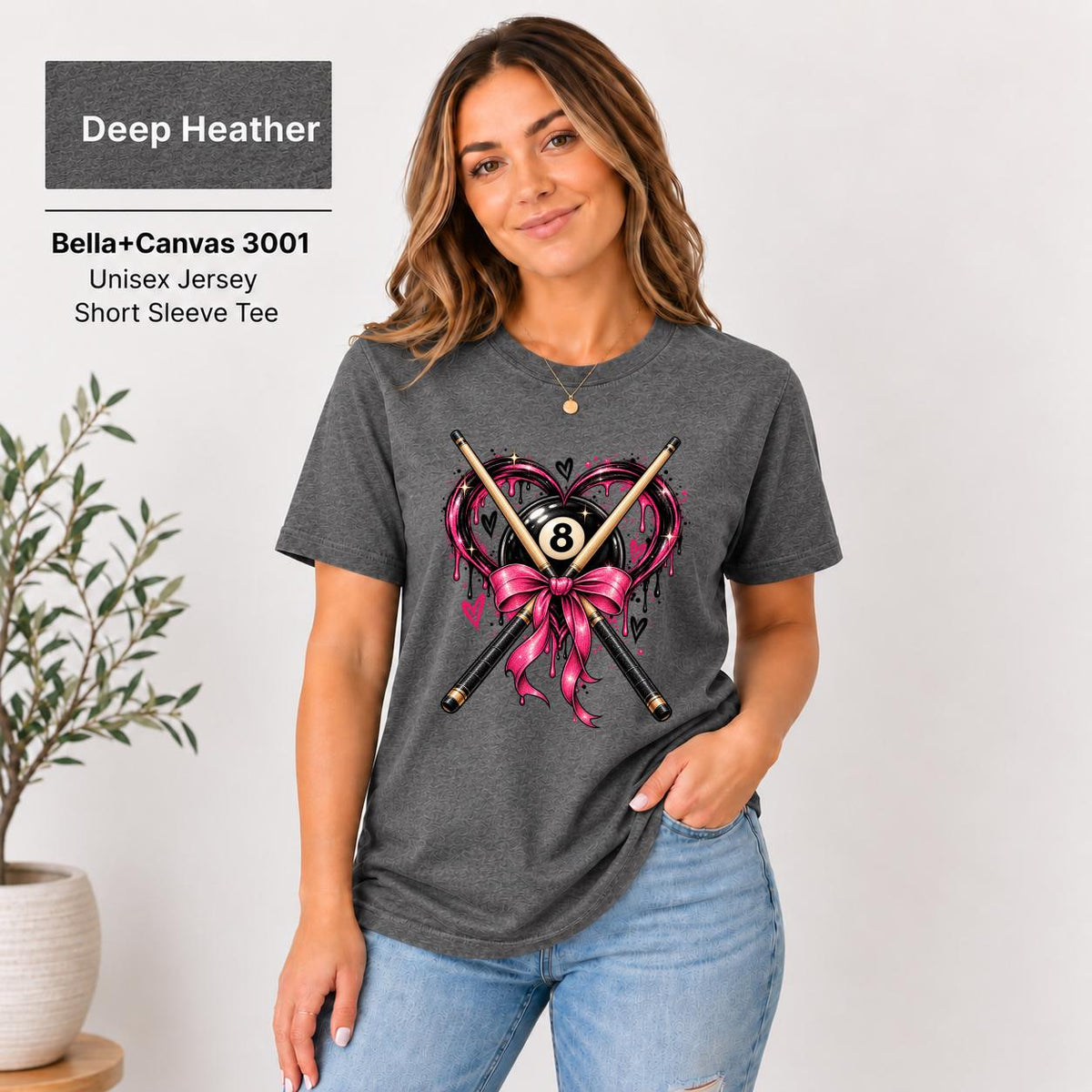 Deep Heather Bella+Canvas shirt featuring the edgy pool player design with bold pink and black details on a dark gray tee.