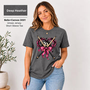 Deep Heather Bella+Canvas shirt featuring the edgy pool player design with bold pink and black details on a dark gray tee.
