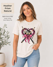 Heather Prism Natural Bella+Canvas T-shirt featuring the pool player graphic with a pink bow and black 8 ball on a soft cream-colored shirt.