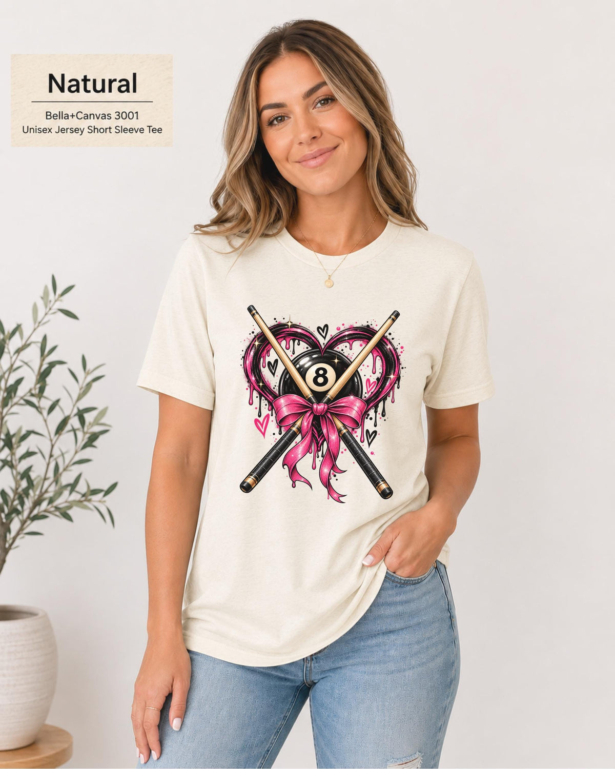 Natural Bella+Canvas tee shown in another neutral mockup with the same feminine billiards design and relaxed fit.