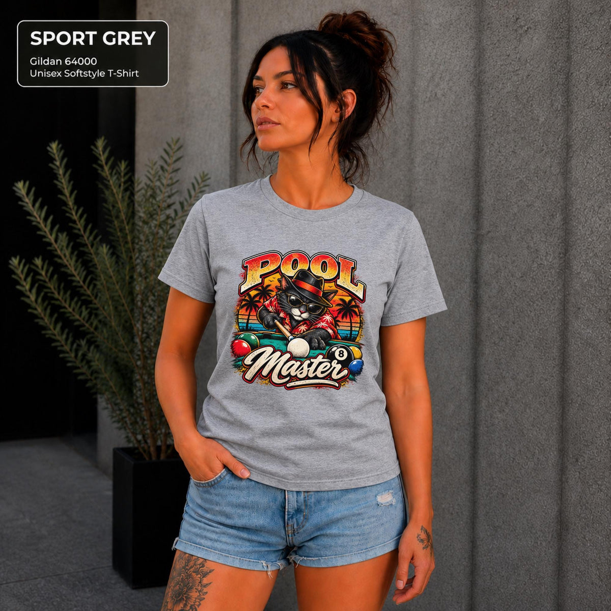 Sport Grey Gildan 64000 Softstyle T-shirt featuring a colorful retro Pool Master cat graphic with billiard balls, sunset artwork, and bold vintage lettering.