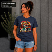 Heather Navy Softstyle shirt featuring the retro fox pool graphic with 8 ball, cue stick, sunset colors, and Pool Master text.