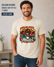 Sand Softstyle tee showing the Pool Master billiards design with colorful retro cat illustration and pool balls.