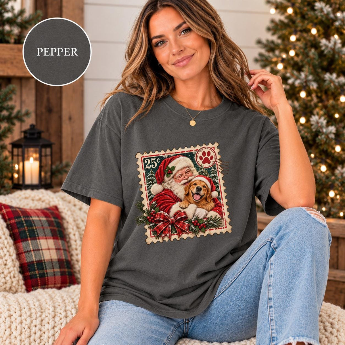Pepper Comfort Colors 1717 tee displaying the custom Christmas pet artwork with Santa and dog in a distressed retro stamp design.