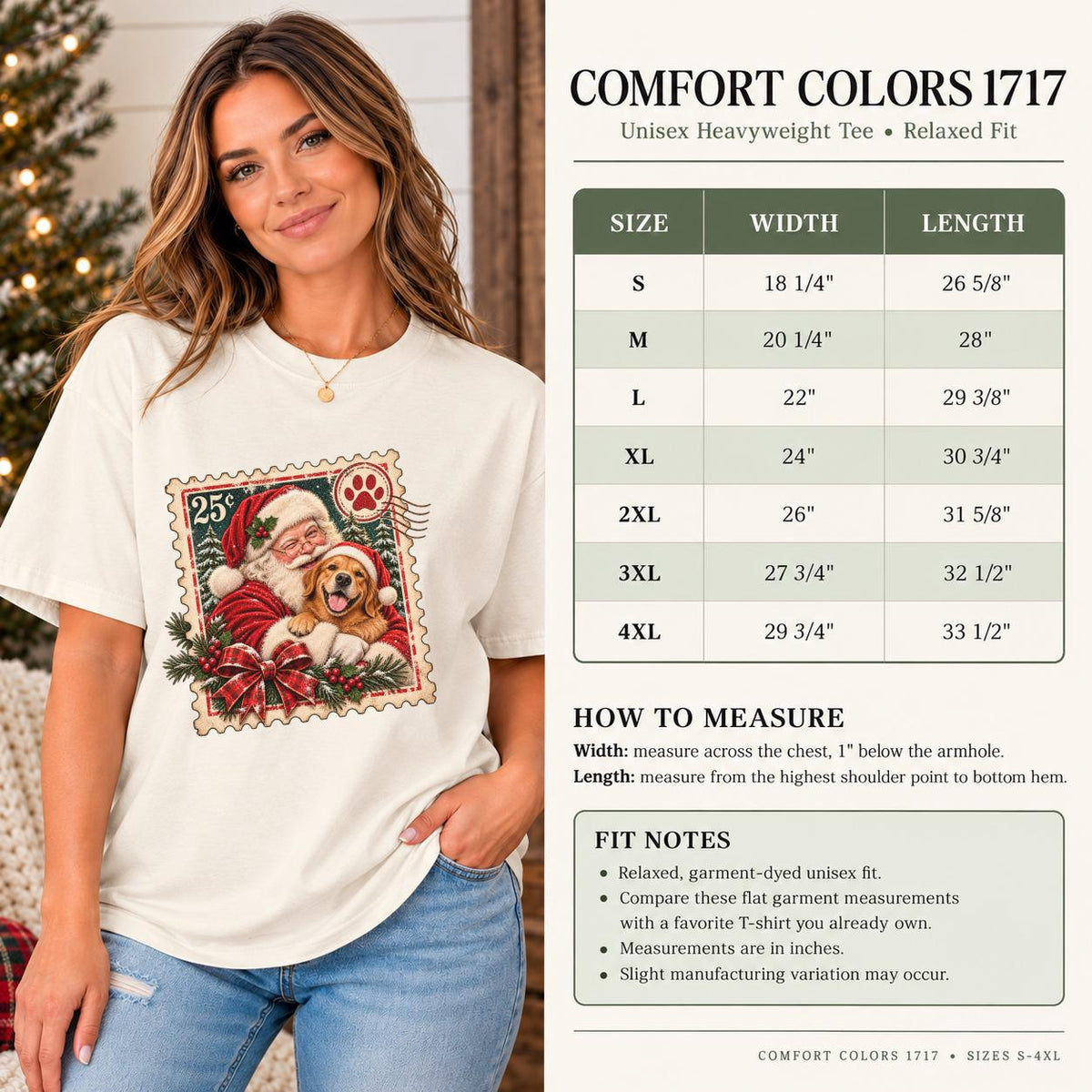 Comfort Colors 1717 size chart mockup showing shirt measurements, relaxed unisex fit details, and the customizable Santa pet design on an ivory tee.