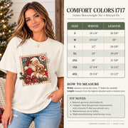 Comfort Colors 1717 size chart mockup showing shirt measurements, relaxed unisex fit details, and the customizable Santa pet design on an ivory tee.