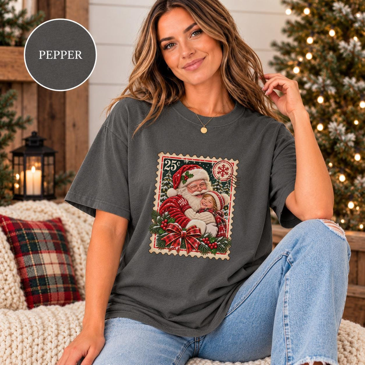 Pepper Comfort Colors 1717 tee displaying the custom Christmas keepsake artwork with Santa and child photo in a distressed retro stamp design.