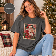 Pepper Comfort Colors 1717 tee displaying the custom Christmas keepsake artwork with Santa and child photo in a distressed retro stamp design.