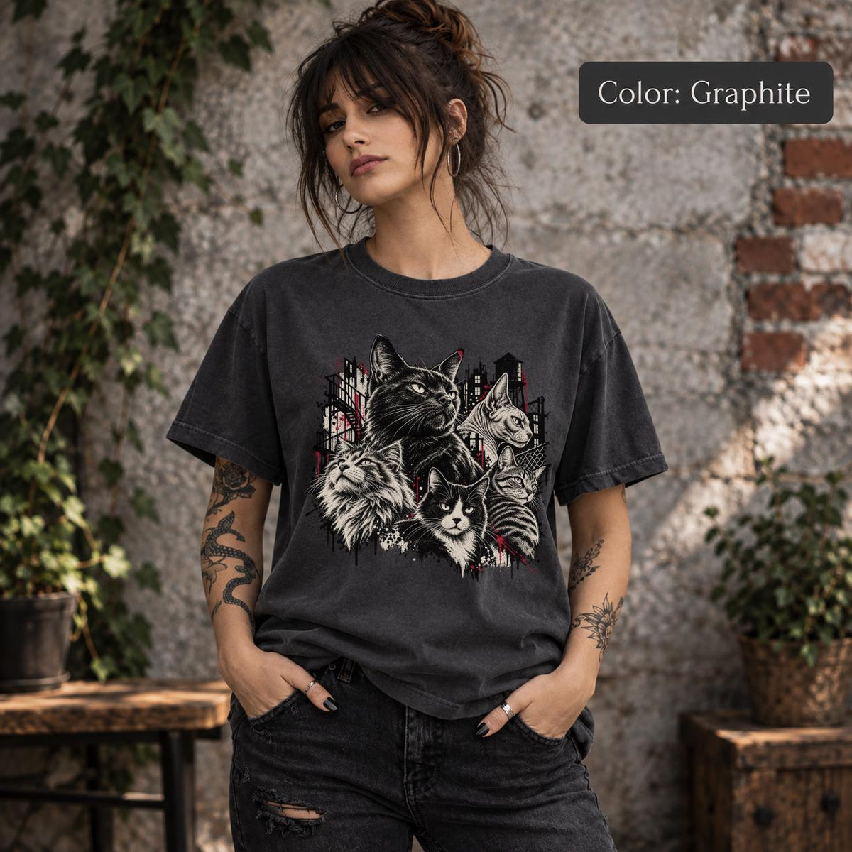 Graphite Comfort Colors shirt featuring the gothic feline graphic with distressed urban details and subtle red accents.