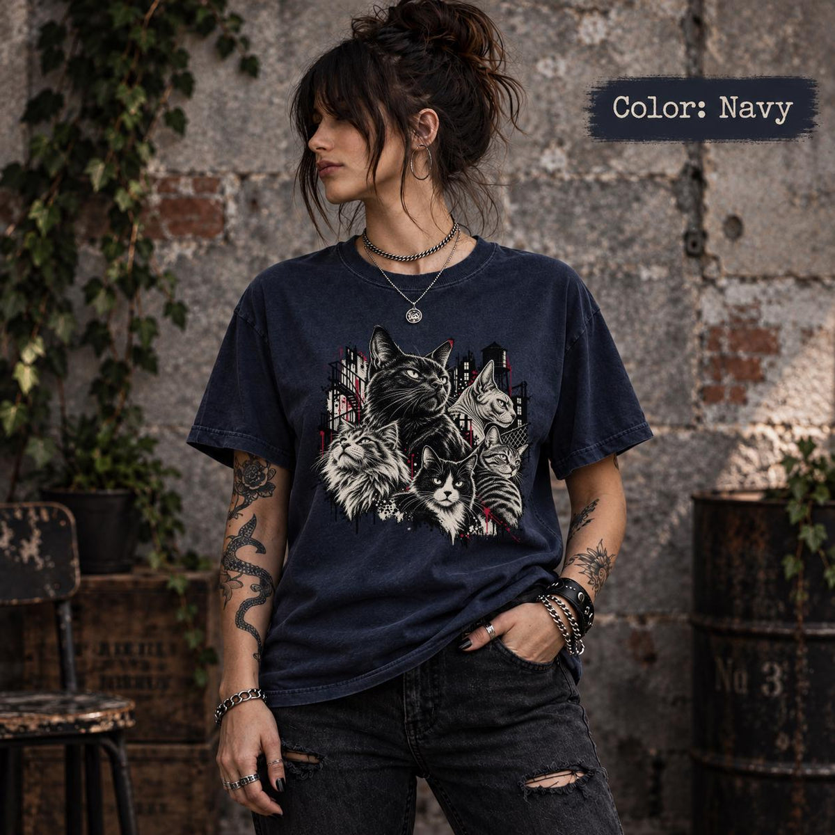Navy Comfort Colors tee showing the layered cat portrait design with a dark alternative aesthetic and vintage-style texture.