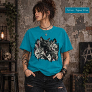 Topaz Blue Comfort Colors tee showing the gothic multi-cat artwork with bold contrast and alternative styling.
