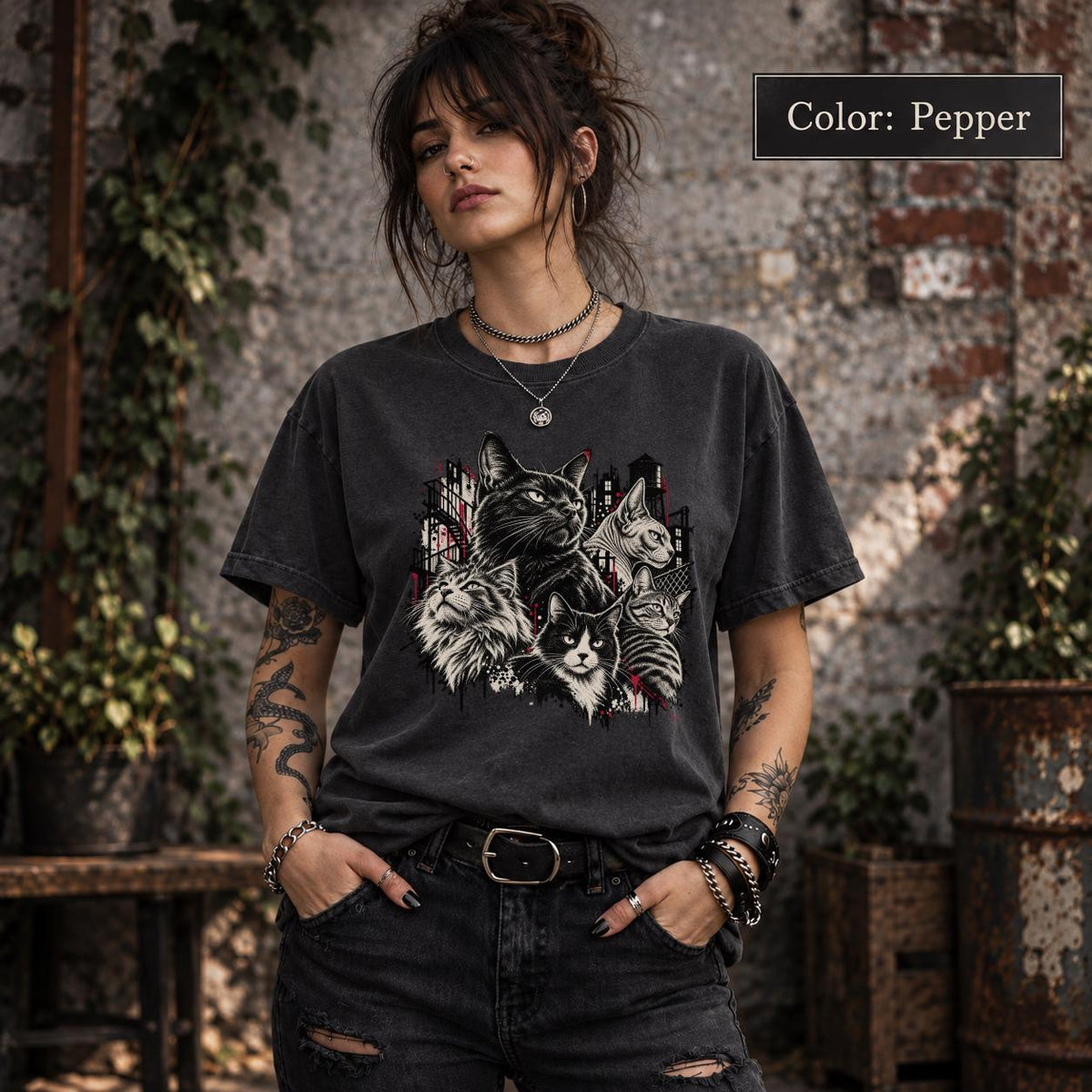 Pepper Comfort Colors shirt featuring the multi-cat gothic graphic in a distressed monochrome style with red highlights.