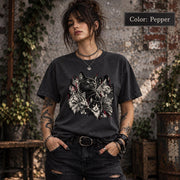 Pepper Comfort Colors shirt featuring the multi-cat gothic graphic in a distressed monochrome style with red highlights.