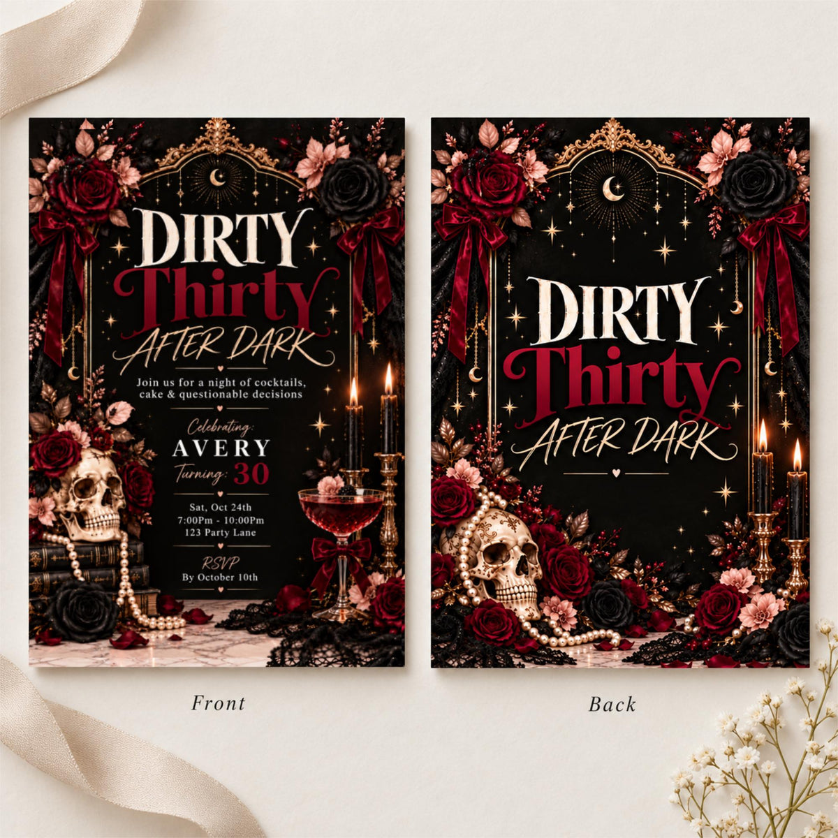 Front and back of an editable Dirty Thirty birthday invitation displayed together on a neutral surface. Coordinating black, burgundy, and gold designs featuring cocktail imagery, floral accents, and elegant party typography.