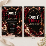 Front and back of an editable Dirty Thirty birthday invitation displayed together on a neutral surface. Coordinating black, burgundy, and gold designs featuring cocktail imagery, floral accents, and elegant party typography.