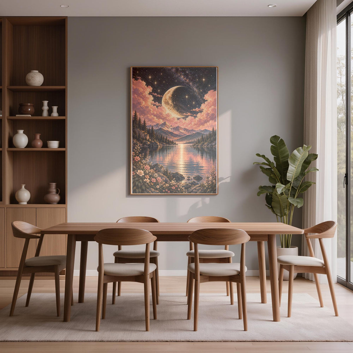 Celestial fantasy wall art displayed in a modern dining room. The printable poster features a moonlit mountain landscape, dramatic peach and pink clouds, and a glowing reflection across a peaceful lake.