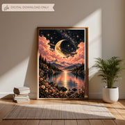 Smaller framed celestial landscape print leaning against a light-coloured wall beside a wooden cabinet and greenery. Magical crescent moon artwork featuring pink clouds, mountains, and a reflective lake.