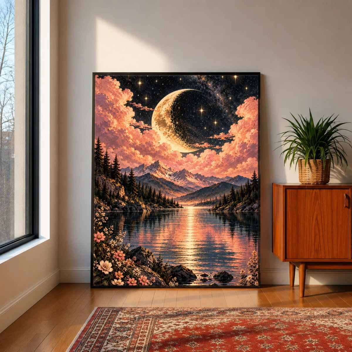 Large framed celestial landscape print leaning against a light-coloured wall beside a wooden cabinet and greenery. Magical crescent moon artwork featuring pink clouds, mountains, and a reflective lake.
