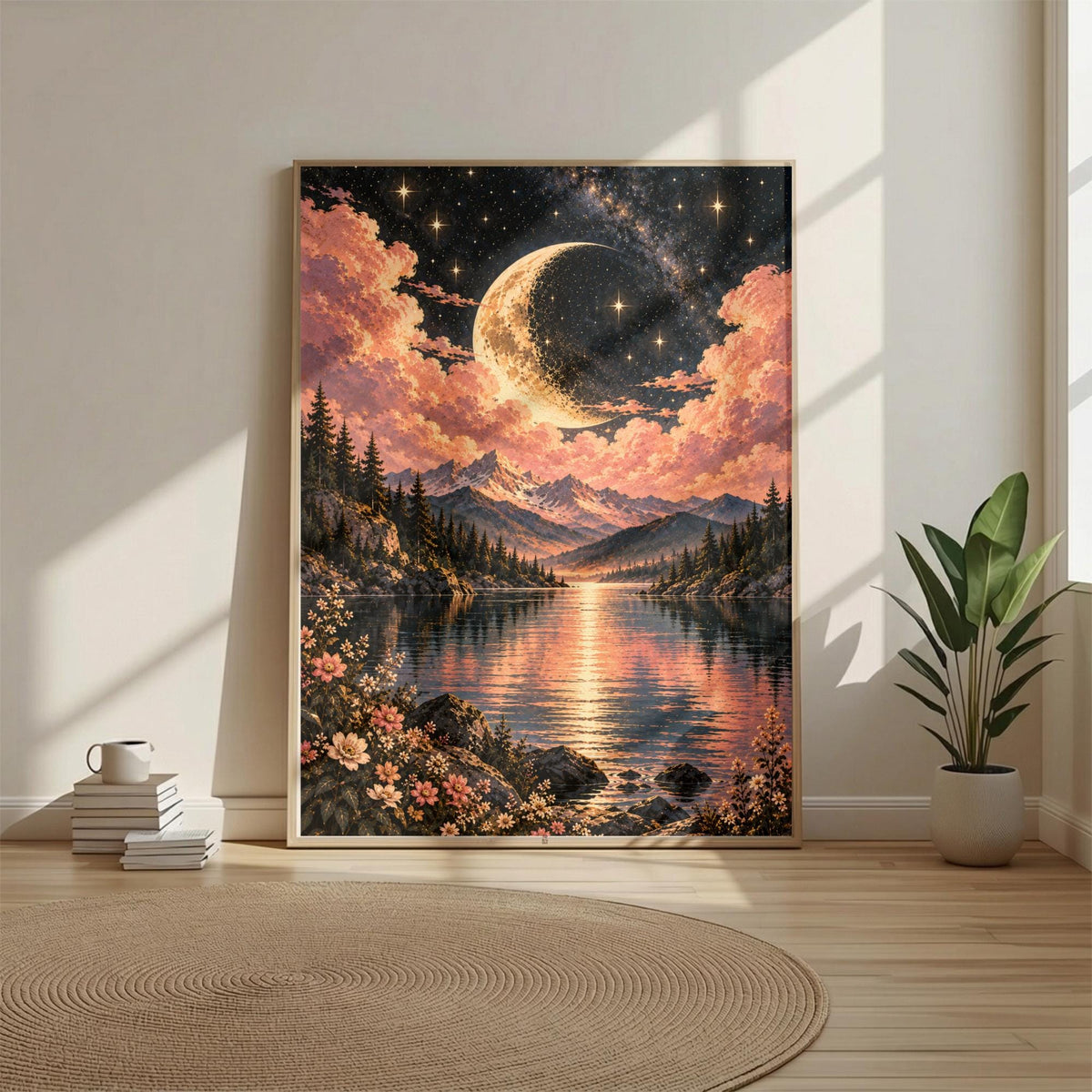 Framed fantasy landscape poster displayed in a minimalist interior with neutral furnishings and a small plant. The artwork features a luminous crescent moon, pink celestial clouds, and a peaceful mountain lake.