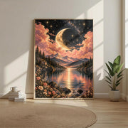Framed fantasy landscape poster displayed in a minimalist interior with neutral furnishings and a small plant. The artwork features a luminous crescent moon, pink celestial clouds, and a peaceful mountain lake.