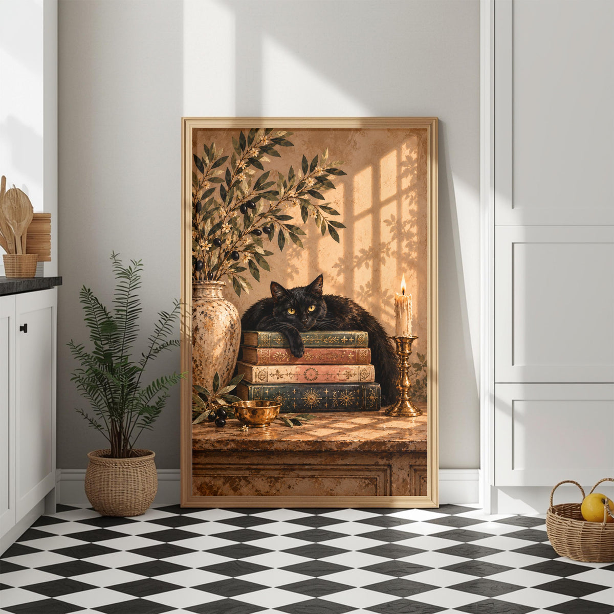 Vintage black cat poster displayed in a wooden frame on a console table near a sunlit wall and leafy plant. The botanical illustration adds warm golden tones to a neutral entryway.