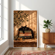 Dark academia black cat print displayed in a natural wood frame beside green plants and simple furnishings. The illustration combines vintage literature, golden candlelight, and earthy botanical elements.