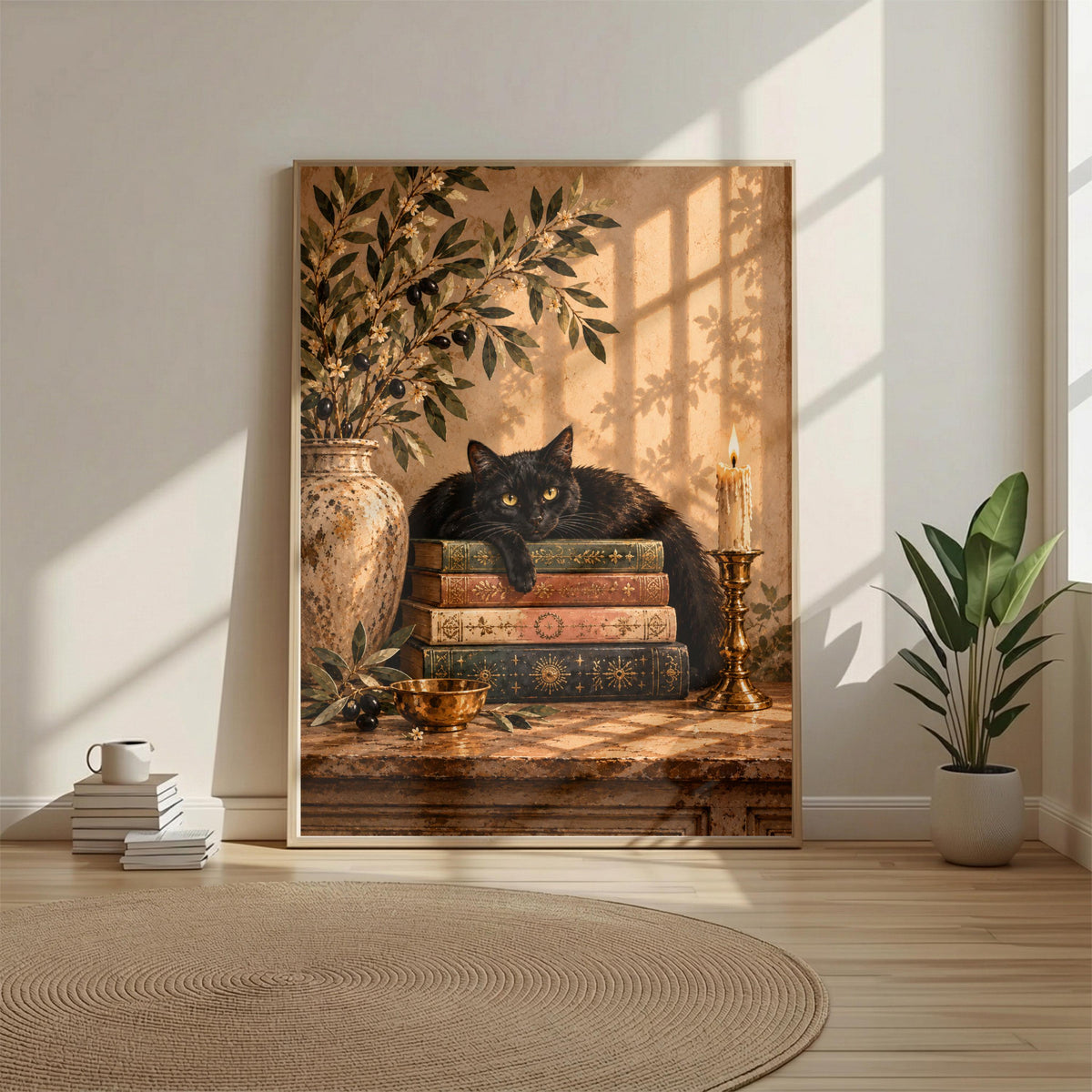 Black cat printable wall art featuring antique books and botanical branches, displayed in a wooden frame beside a neutral wall and small decorative plant. A cozy addition to a reading nook or bedroom.