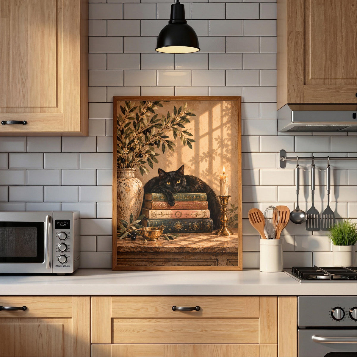 Framed black cat and antique books artwork displayed against a tiled kitchen backsplash with wooden cabinets and dark accents. A cozy bookish printable that complements warm rustic interiors.