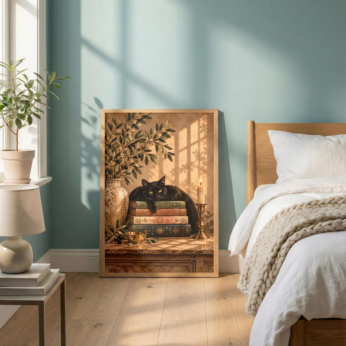 Vintage botanical wall art featuring a black cat resting on antique books, surrounded by olive branches and warm golden light. Framed printable poster displayed on a wooden bedside table in a cozy, neutral bedroom.