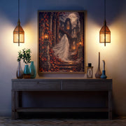 Haunted cathedral wall art displayed above a dark console table between warm wall lights. The framed illustration features a mysterious white-veiled figure, towering gothic ruins, glowing moonlight, and rich autumn foliage.