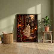 Vintage-inspired Halloween wall art displayed on a rustic wooden shelf with a small potted plant. The artwork features a ghostly veiled woman beneath a luminous moon, surrounded by ancient architecture and falling leaves.
