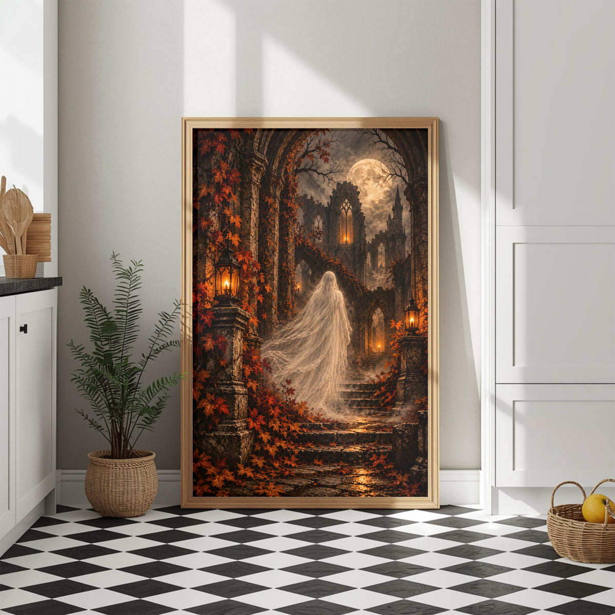 Haunted cathedral wall art displayed above a dark console table between warm wall lights. The framed illustration features a mysterious white-veiled figure, towering gothic ruins, glowing moonlight, and rich autumn foliage.