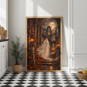 Haunted cathedral wall art displayed above a dark console table between warm wall lights. The framed illustration features a mysterious white-veiled figure, towering gothic ruins, glowing moonlight, and rich autumn foliage.