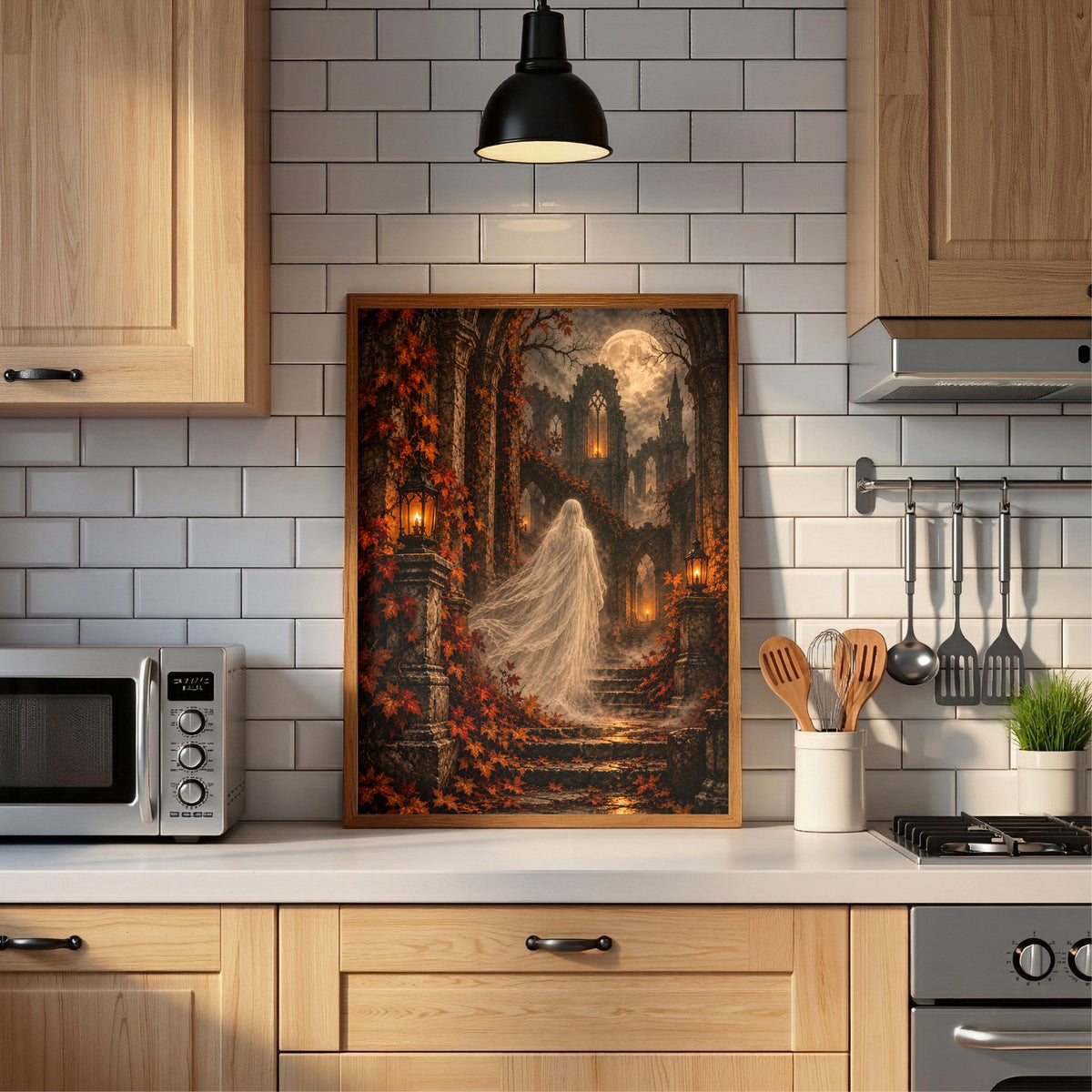 Gothic fantasy landscape poster displayed in a black frame against a tiled kitchen backsplash with natural wood cabinets. Spooky cathedral ruins, amber lanterns, and crimson ivy bring dramatic character to the space.