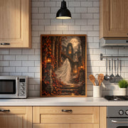 Gothic fantasy landscape poster displayed in a black frame against a tiled kitchen backsplash with natural wood cabinets. Spooky cathedral ruins, amber lanterns, and crimson ivy bring dramatic character to the space.