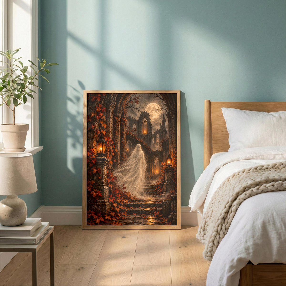 Framed dark academia ghost print displayed on a wooden bedside table in a bright bedroom. Gothic cathedral arches, glowing candles, autumn leaves, and a mysterious figure create a dreamy, haunting atmosphere.