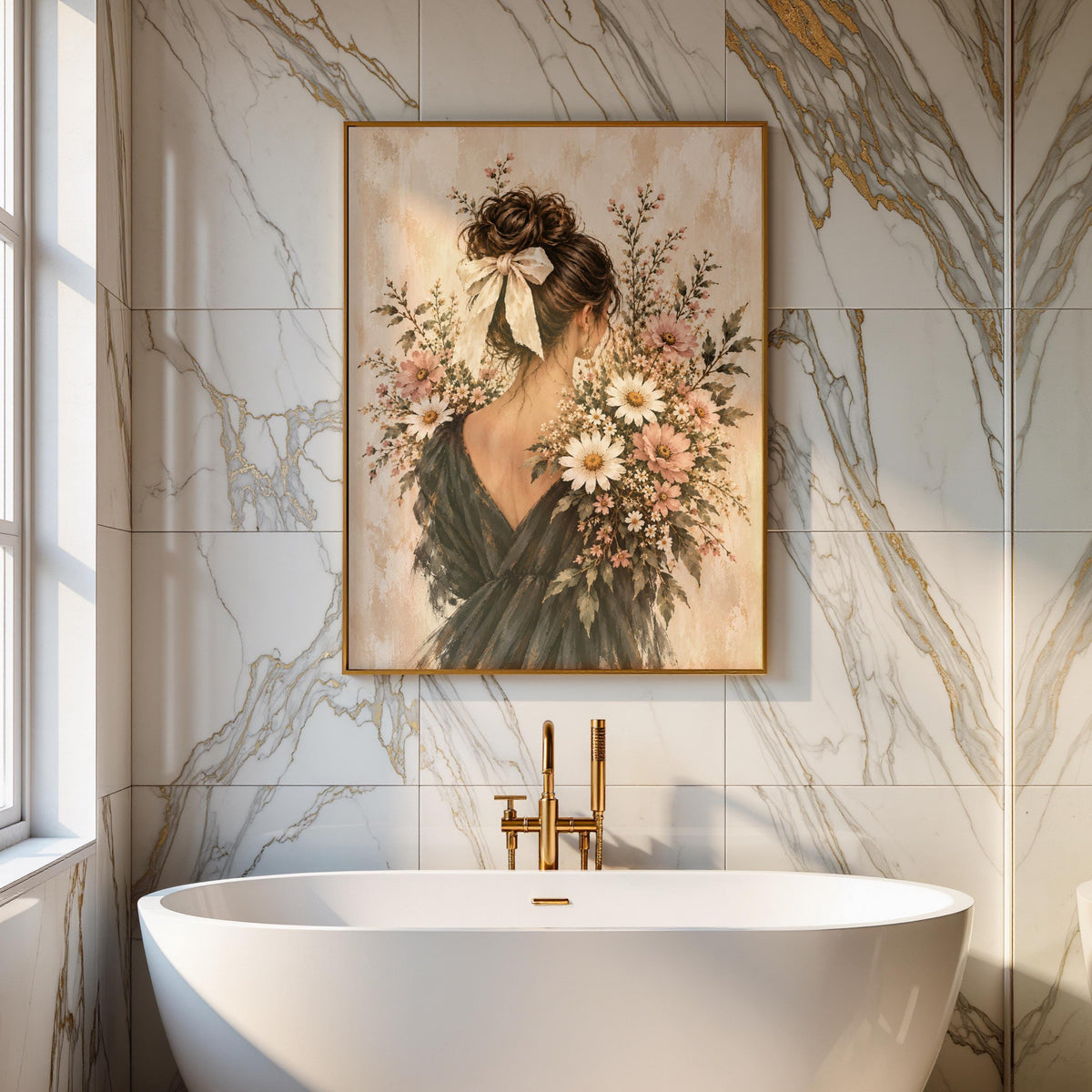 Floral woman printable displayed above a freestanding bathtub in a bright bathroom. The artwork features an elegant updo with a cream bow, a black dress, and soft pink botanical flowers.