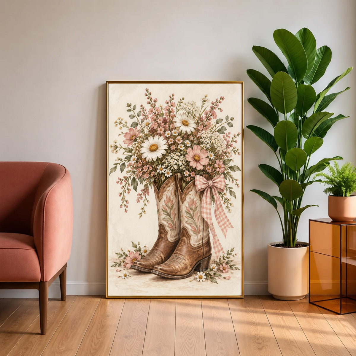 Pink cowgirl wall art resting on a wooden cabinet beside a large green houseplant and upholstered accent chair. The floral boot illustration features blush daisies, cream blossoms, and a gingham ribbon.