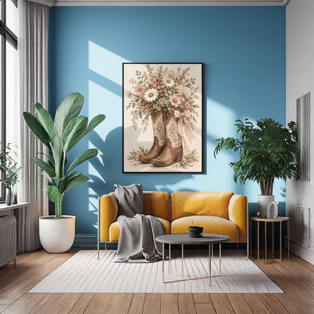Feminine Western wall art displayed above a mustard yellow sofa against a blue accent wall. The framed print features floral cowboy boots, pink gingham ribbon, and romantic wildflowers in soft neutral colours.