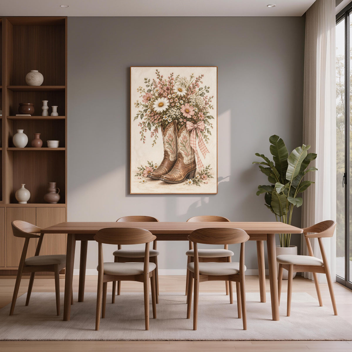 Western farmhouse wall art displayed above a wooden dining table in a warm, rustic interior with dark shelving. The printable design features vintage cowgirl boots filled with soft pink and white daisies.