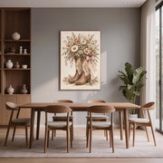 Western farmhouse wall art displayed above a wooden dining table in a warm, rustic interior with dark shelving. The printable design features vintage cowgirl boots filled with soft pink and white daisies.