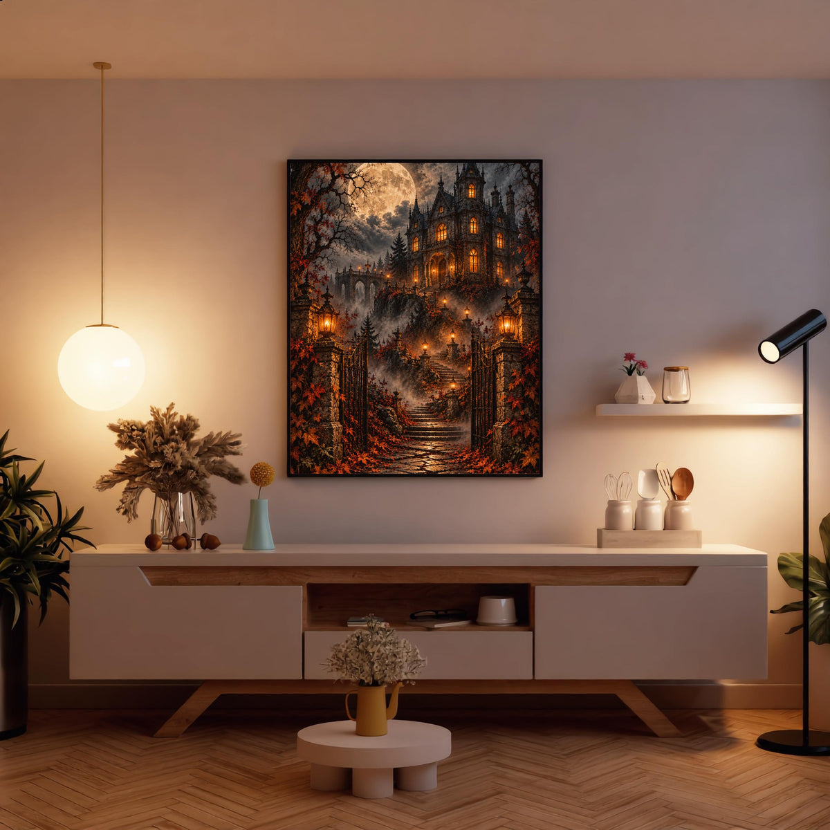 Framed moonlit Victorian manor artwork displayed above a wooden console table in a softly lit living room. The dark fantasy poster features glowing windows, crimson leaves, and a golden full moon reflected across a peaceful lake.