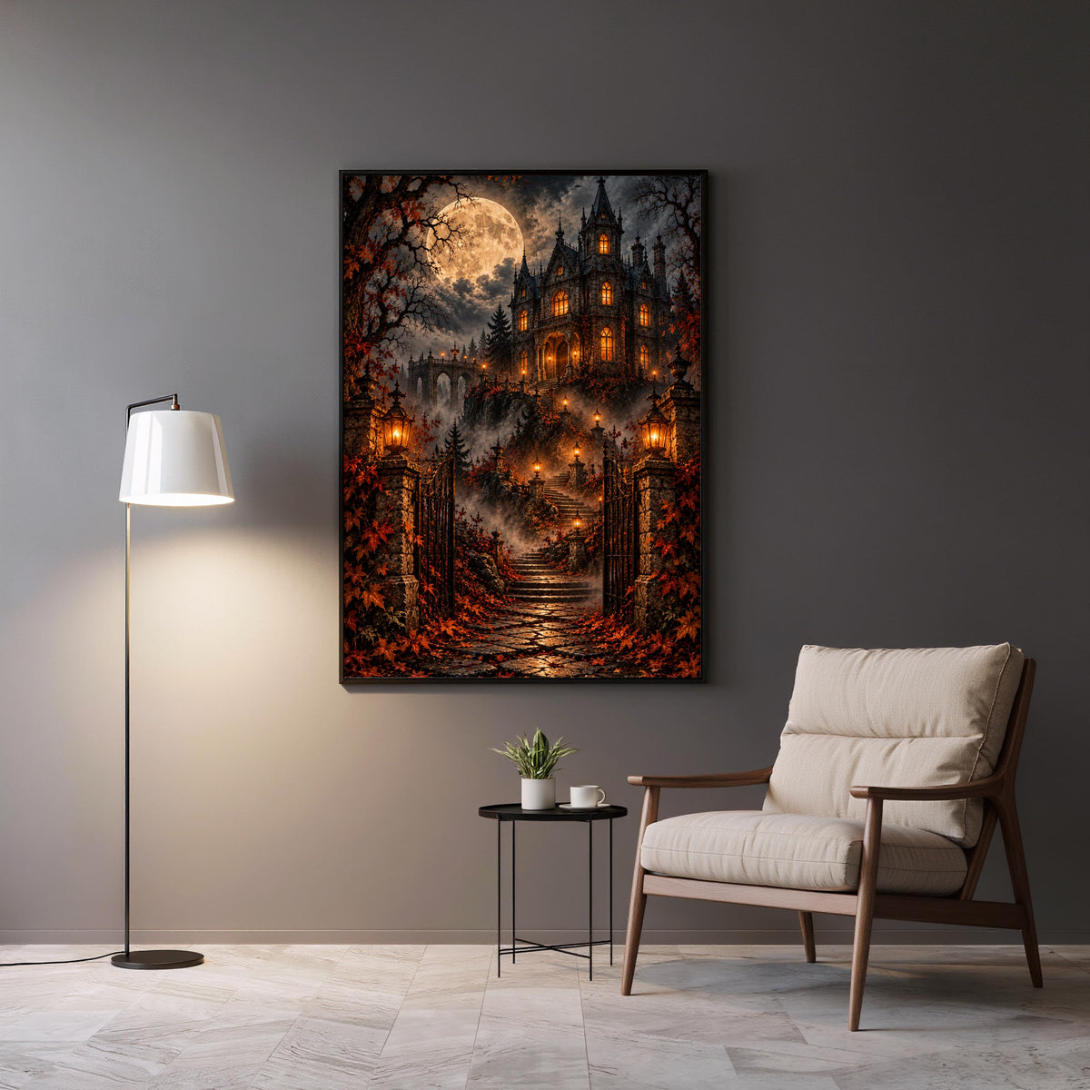 Framed moonlit castle artwork displayed above a modern accent chair and floor lamp. Rich orange autumn foliage, a glowing Victorian manor, and a mysterious lakeside setting complement the neutral interior.