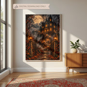 Framed dark cottagecore castle poster resting on a wooden cabinet beside a leafy green plant. The artwork features a moonlit manor overlooking a peaceful lake surrounded by rich autumn colours.