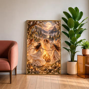 Celestial fantasy artwork resting on a wooden cabinet beside a large leafy houseplant. The richly detailed illustration features an enchanted gathering, luminous moon, glowing fire, and romantic forest scenery.