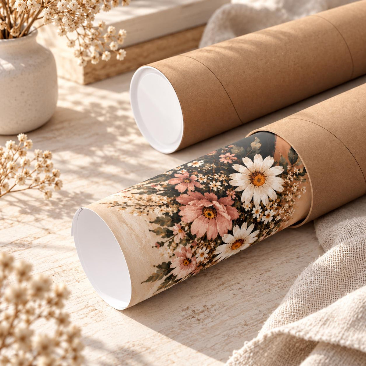Physical floral art poster partially rolled out of a protective kraft paper shipping tube on a neutral fabric surface. The botanical design features soft pink blossoms, white daisies, and delicate greenery, showing how the printed artwork is packaged for shipping.