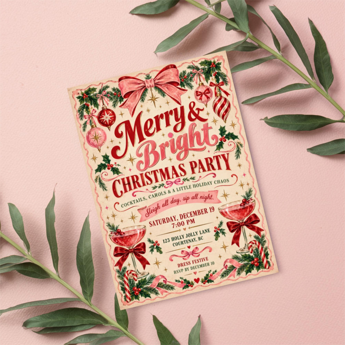 Editable Christmas party games invitation displayed on a blush-pink background surrounded by delicate leafy branches. The nostalgic holiday template features retro typography and festive botanical illustrations.